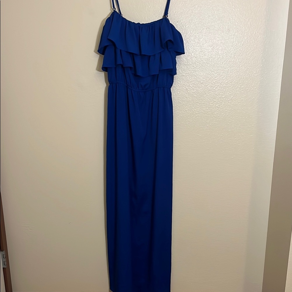 Suzi Chin for Maggy Boutique Elegant Blue Ruffle Maxi Dress